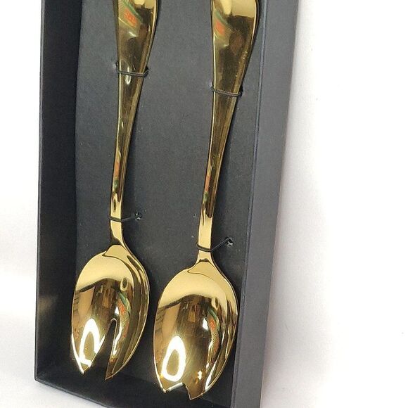 NEW Mepra 2 pc Salad Servers Spoons Gold Tone 18/10 Stainless Italy - Picture 4 of 5